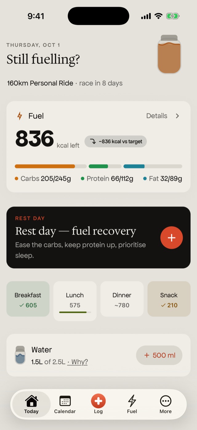 COOKED Today screen with the day's fuel