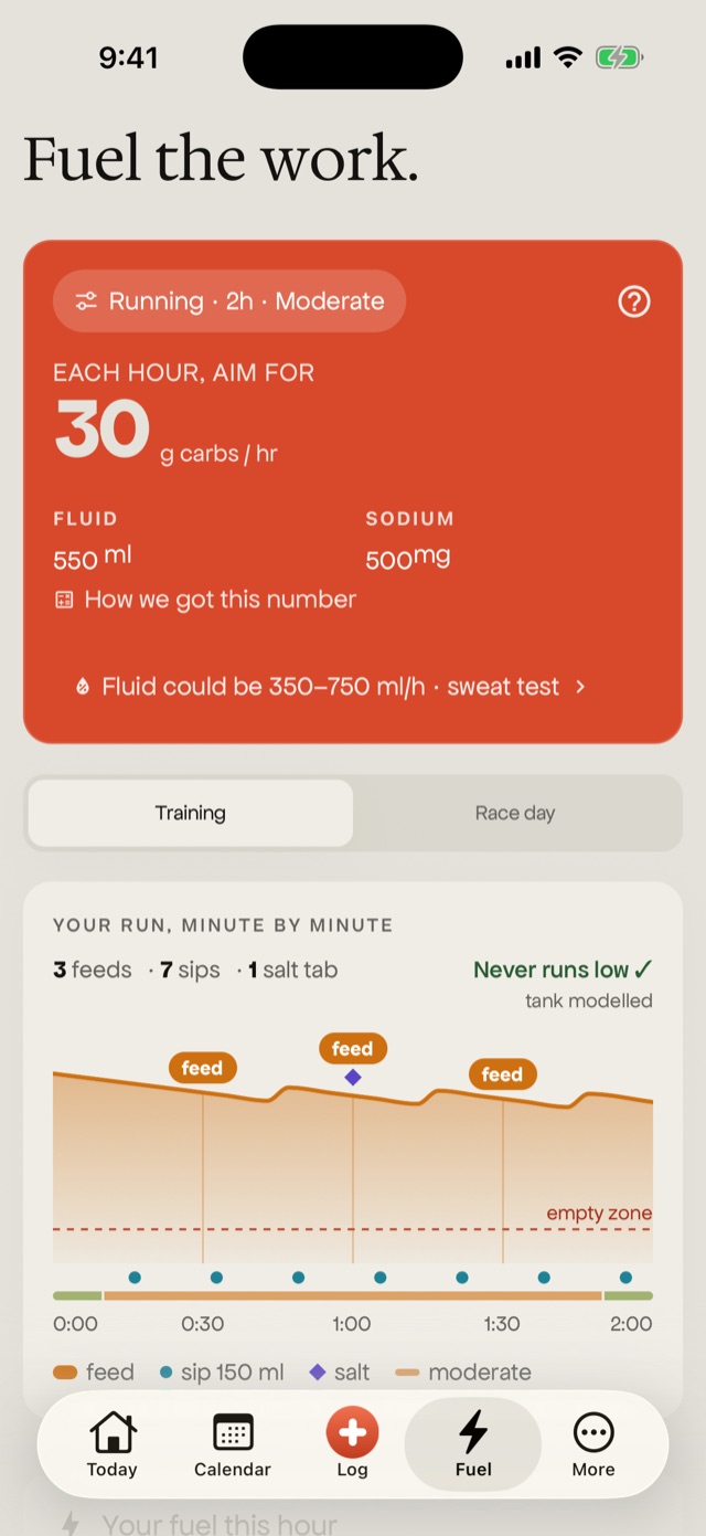 COOKED Fuel screen: each hour aim for carbs, fluid and sodium, with a minute-by-minute ride chart