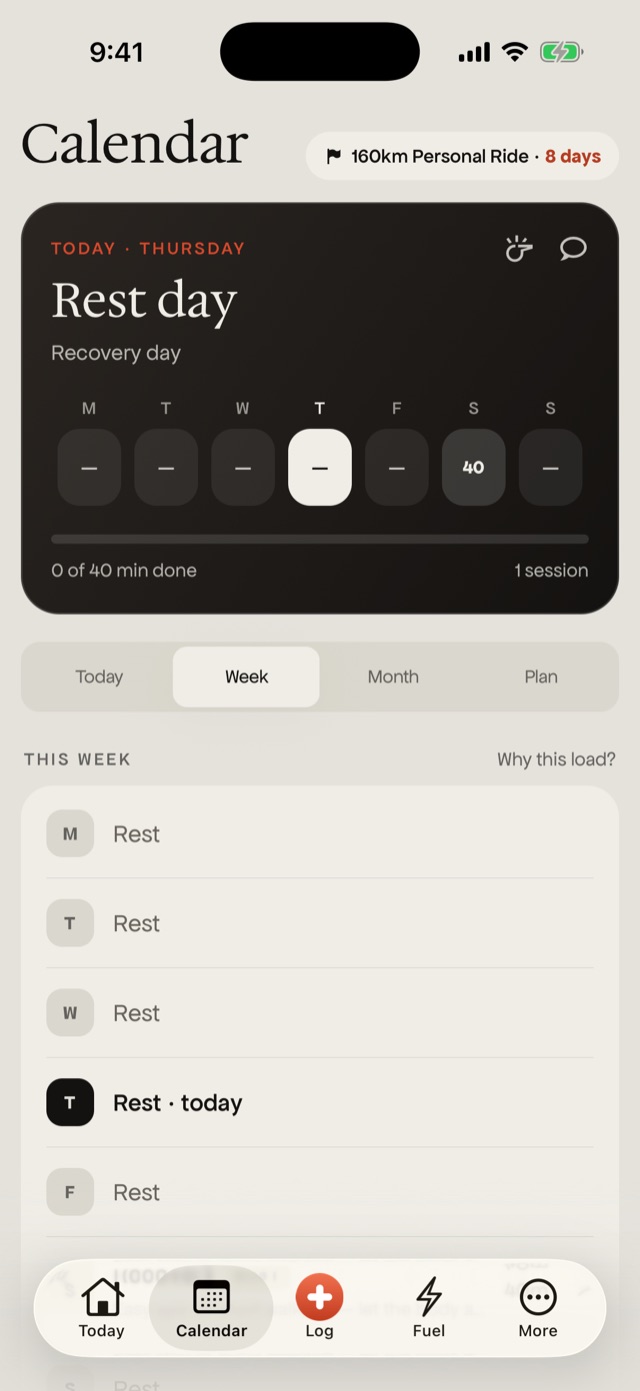 COOKED Calendar showing a training week